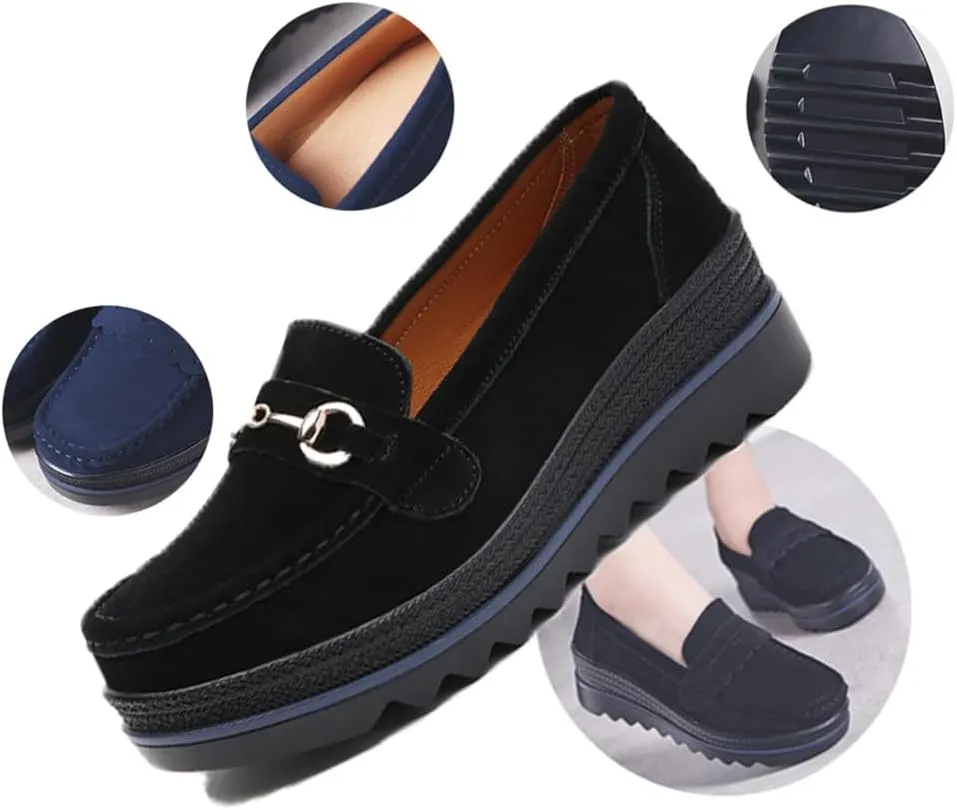 Women's Fashion Thick Sole Suede Orthopedic Loafers,Slip-On Wedge Comfortable Thick Soft Business Casual Shoes,Womens Round Toe Flats Walking Shoe