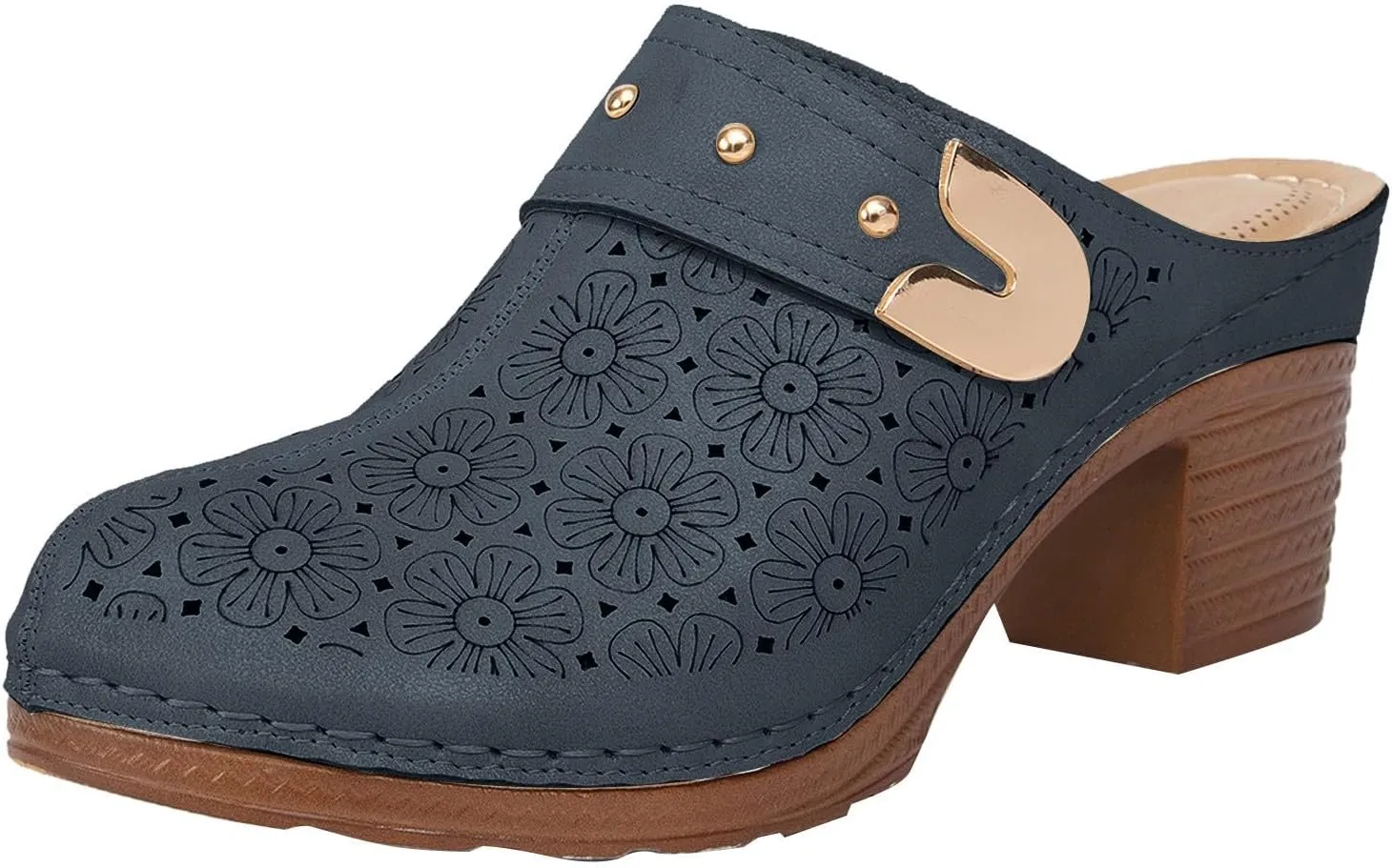 Women's Floral Cut Out Sandals,Closed Toe Chunky Heel Mules Fashionable Simple Comfortable Summer Stylish Footwear for Summer Vacation & Parties