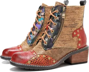 Women's Handmade Retro Lambskin High Heel Boots, Colorful Painting, Metallic Style - Fashion, Comfortable, Durable, Unique Minority Style