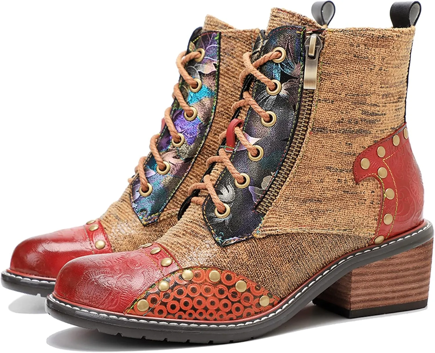 Women's Handmade Retro Lambskin High Heel Boots, Colorful Painting, Metallic Style - Fashion, Comfortable, Durable, Unique Minority Style