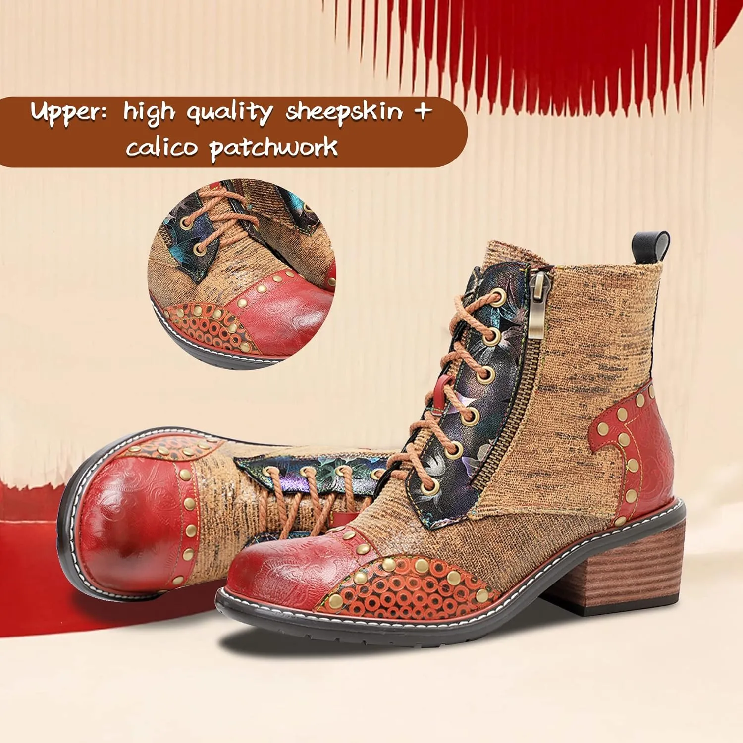 Women's Handmade Retro Lambskin High Heel Boots, Colorful Painting, Metallic Style - Fashion, Comfortable, Durable, Unique Minority Style