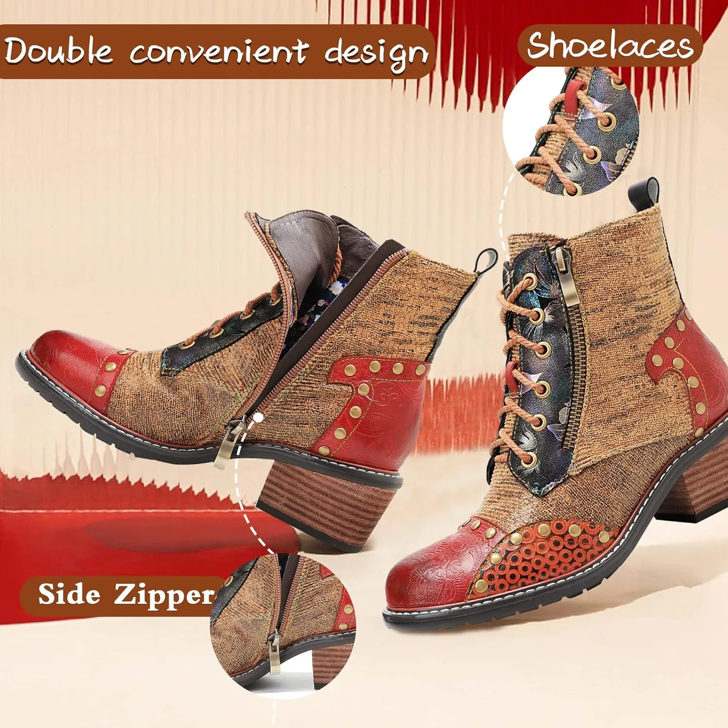 Women's Handmade Retro Lambskin High Heel Boots, Colorful Painting, Metallic Style - Fashion, Comfortable, Durable, Unique Minority Style