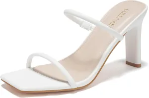 Women's Heels Sandals Block Chunky Mid Heels Slip On Slides 3.5 Inch Heeled Square Open Toe Sandals for Women