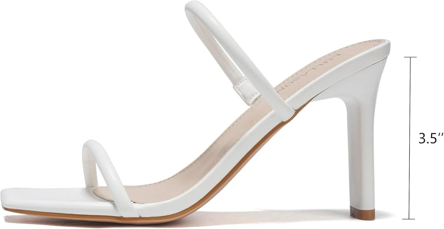Women's Heels Sandals Block Chunky Mid Heels Slip On Slides 3.5 Inch Heeled Square Open Toe Sandals for Women