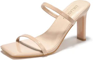 Women's Heels Sandals Block Chunky Mid Heels Slip On Slides 3.5 Inch Heeled Square Open Toe Sandals for Women