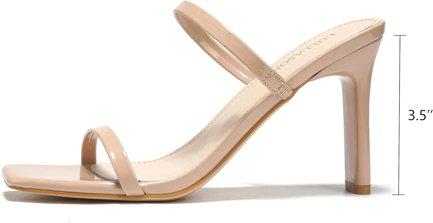 Women's Heels Sandals Block Chunky Mid Heels Slip On Slides 3.5 Inch Heeled Square Open Toe Sandals for Women