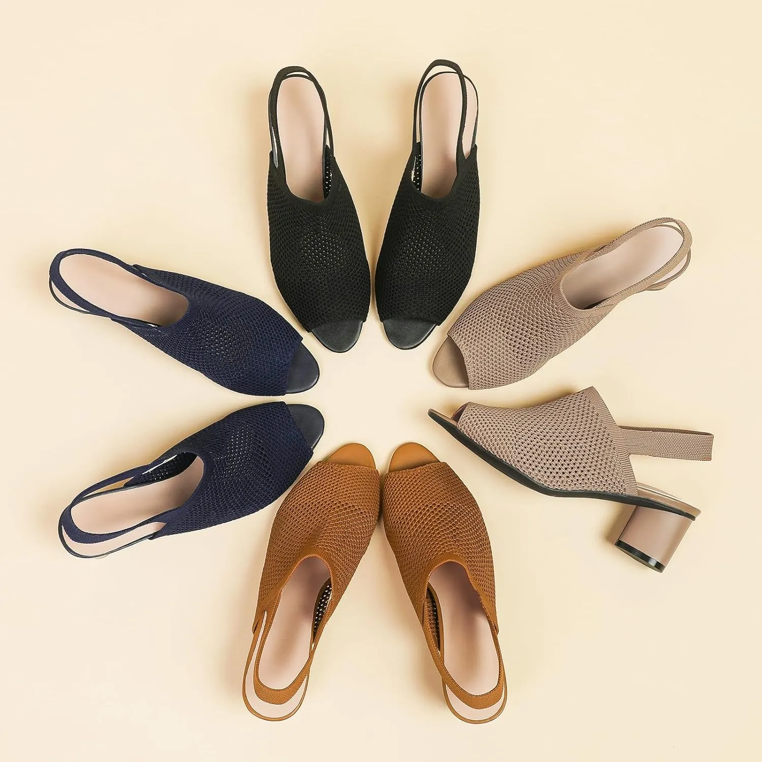 Women's Knit Peep Toe Chunky Block Heeled Sandals with Ankle Strap Fashion Hollow Pointed Toe Elastic Slingback Slip On High Heels Summer Casual Work Office Wedding Dressy Pumps