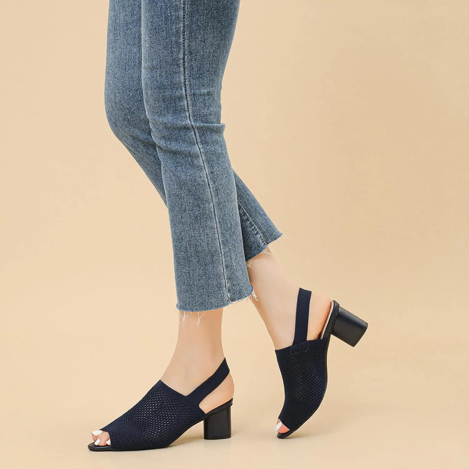 Women's Knit Peep Toe Chunky Block Heeled Sandals with Ankle Strap Fashion Hollow Pointed Toe Elastic Slingback Slip On High Heels Summer Casual Work Office Wedding Dressy Pumps