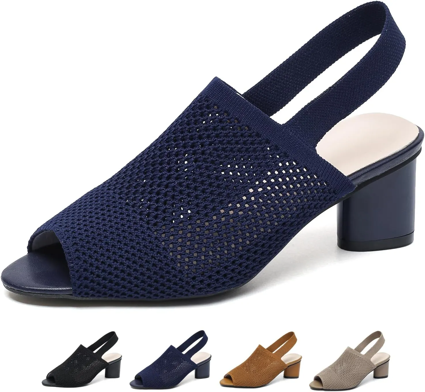 Women's Knit Peep Toe Chunky Block Heeled Sandals with Ankle Strap Fashion Hollow Pointed Toe Elastic Slingback Slip On High Heels Summer Casual Work Office Wedding Dressy Pumps