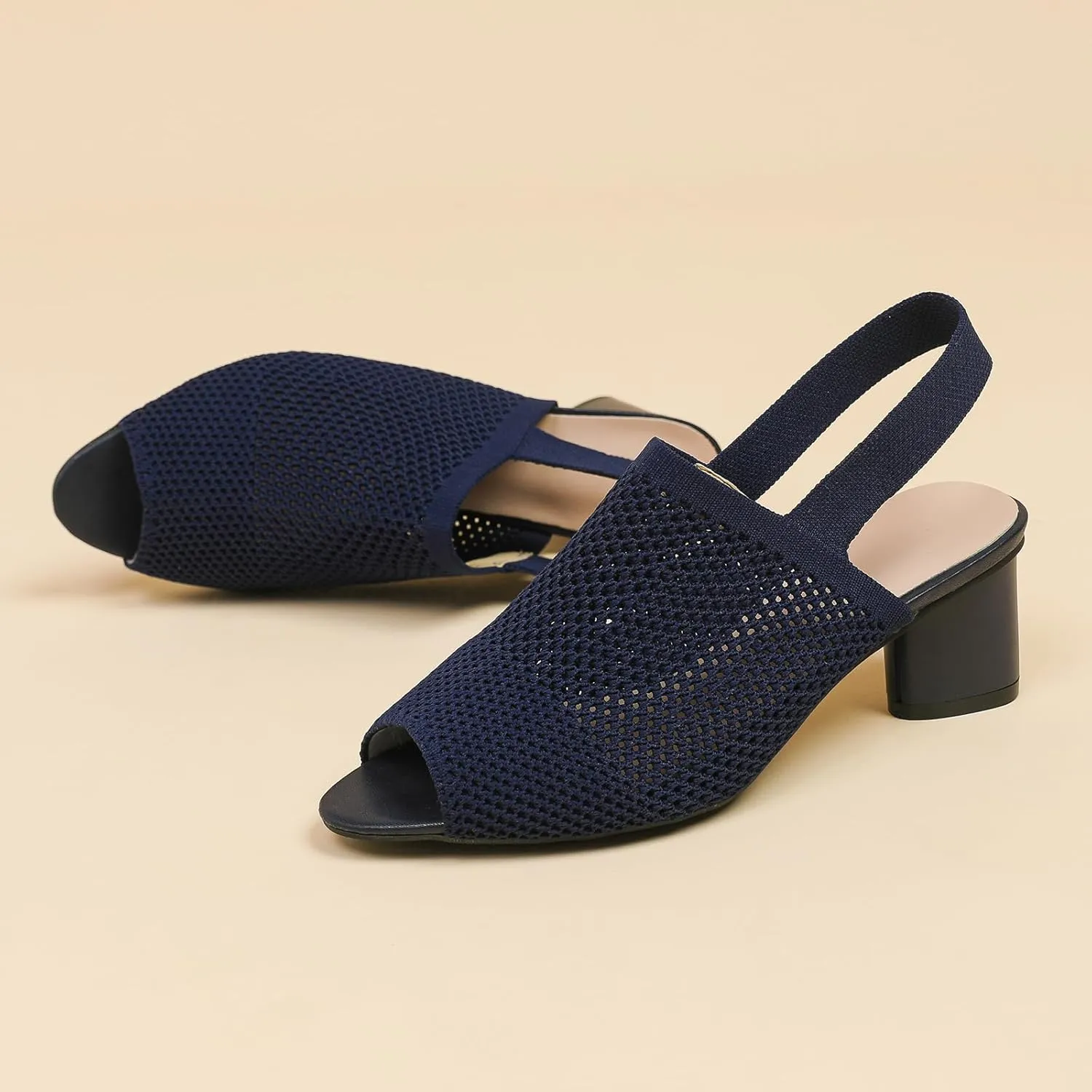 Women's Knit Peep Toe Chunky Block Heeled Sandals with Ankle Strap Fashion Hollow Pointed Toe Elastic Slingback Slip On High Heels Summer Casual Work Office Wedding Dressy Pumps