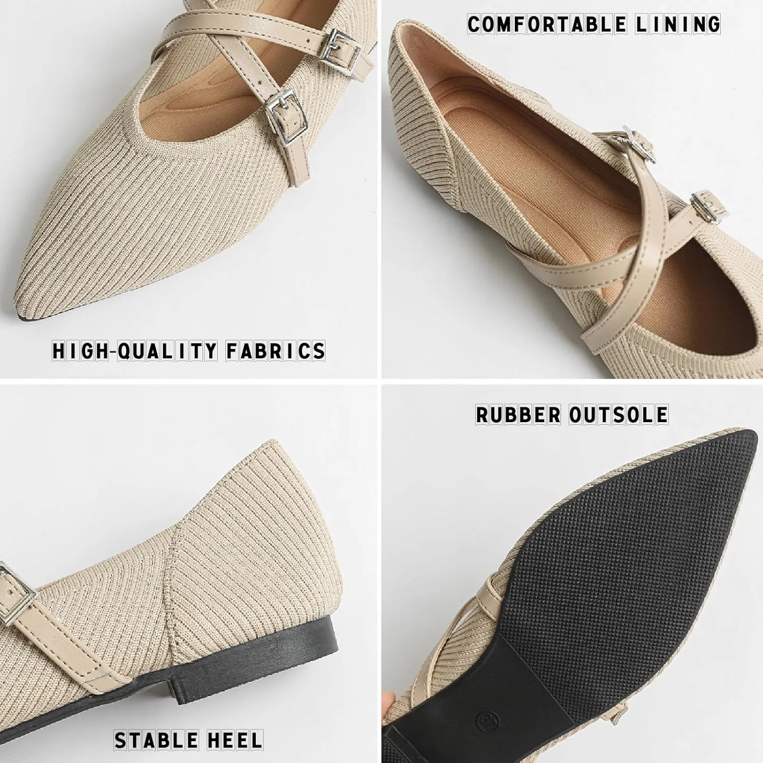 Women's Knit Pointed Toe Ballet Flats with Adjust Buckle Strap Comfortable Soft Bottom Dressy Mary Janes Flats Casual Prom Office Shoes