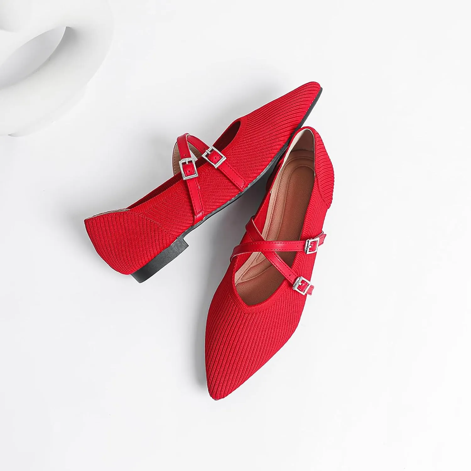 Women's Knit Pointed Toe Ballet Flats with Adjust Buckle Strap Comfortable Soft Bottom Dressy Mary Janes Flats Casual Prom Office Shoes