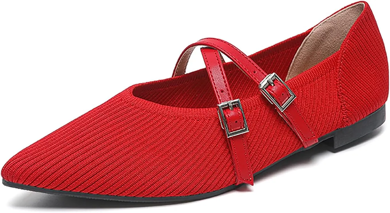Women's Knit Pointed Toe Ballet Flats with Adjust Buckle Strap Comfortable Soft Bottom Dressy Mary Janes Flats Casual Prom Office Shoes