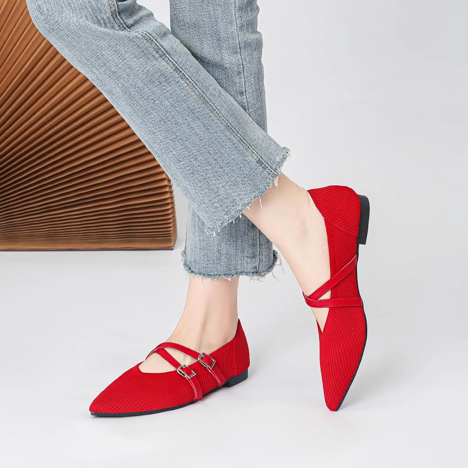 Women's Knit Pointed Toe Ballet Flats with Adjust Buckle Strap Comfortable Soft Bottom Dressy Mary Janes Flats Casual Prom Office Shoes