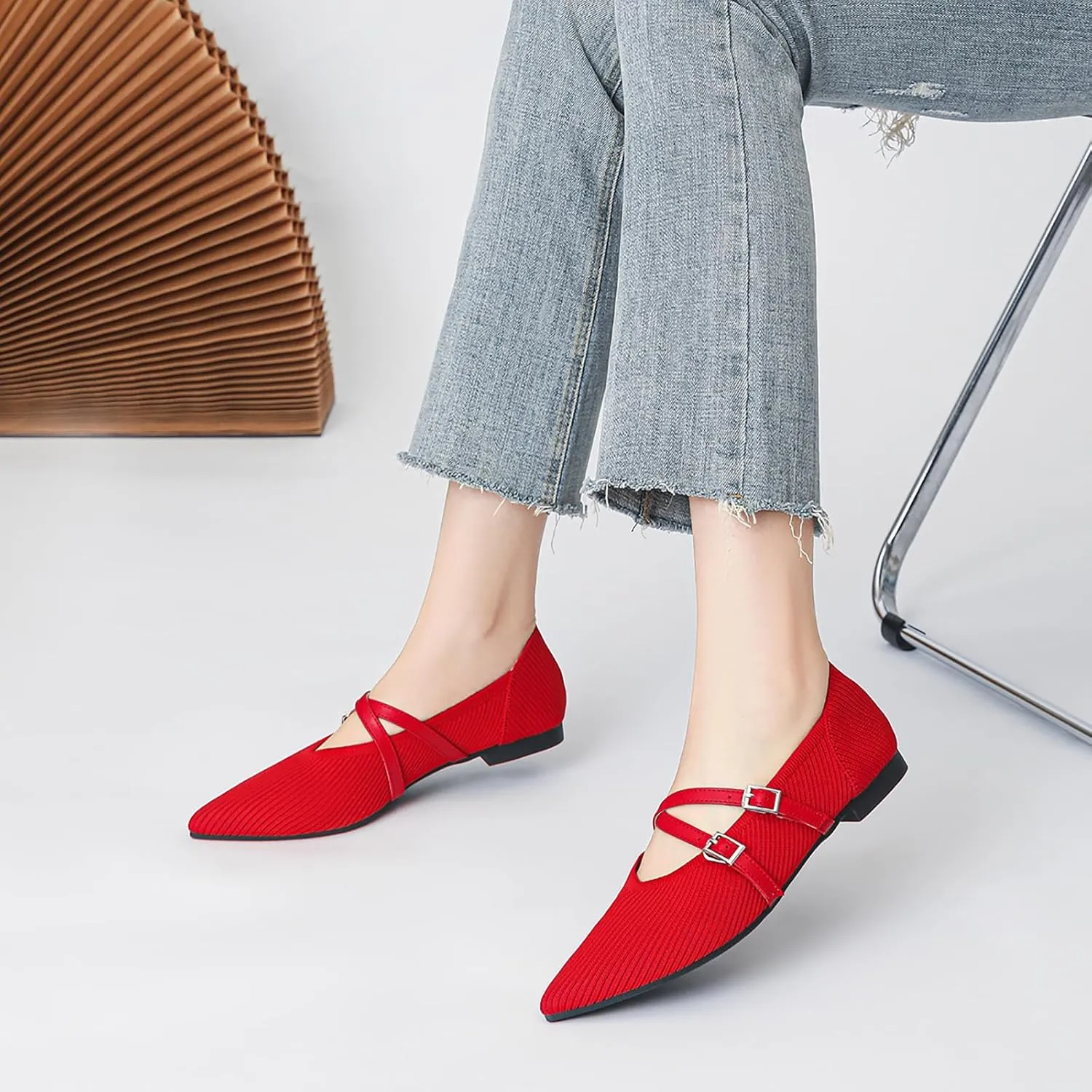Women's Knit Pointed Toe Ballet Flats with Adjust Buckle Strap Comfortable Soft Bottom Dressy Mary Janes Flats Casual Prom Office Shoes