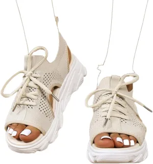 Women's Lace Up Muffin Sandals, Orthopedic Sandals for Women, 2024 Summer Mesh Open Toe Platform Wedge Sandals Causal Walking Sandals