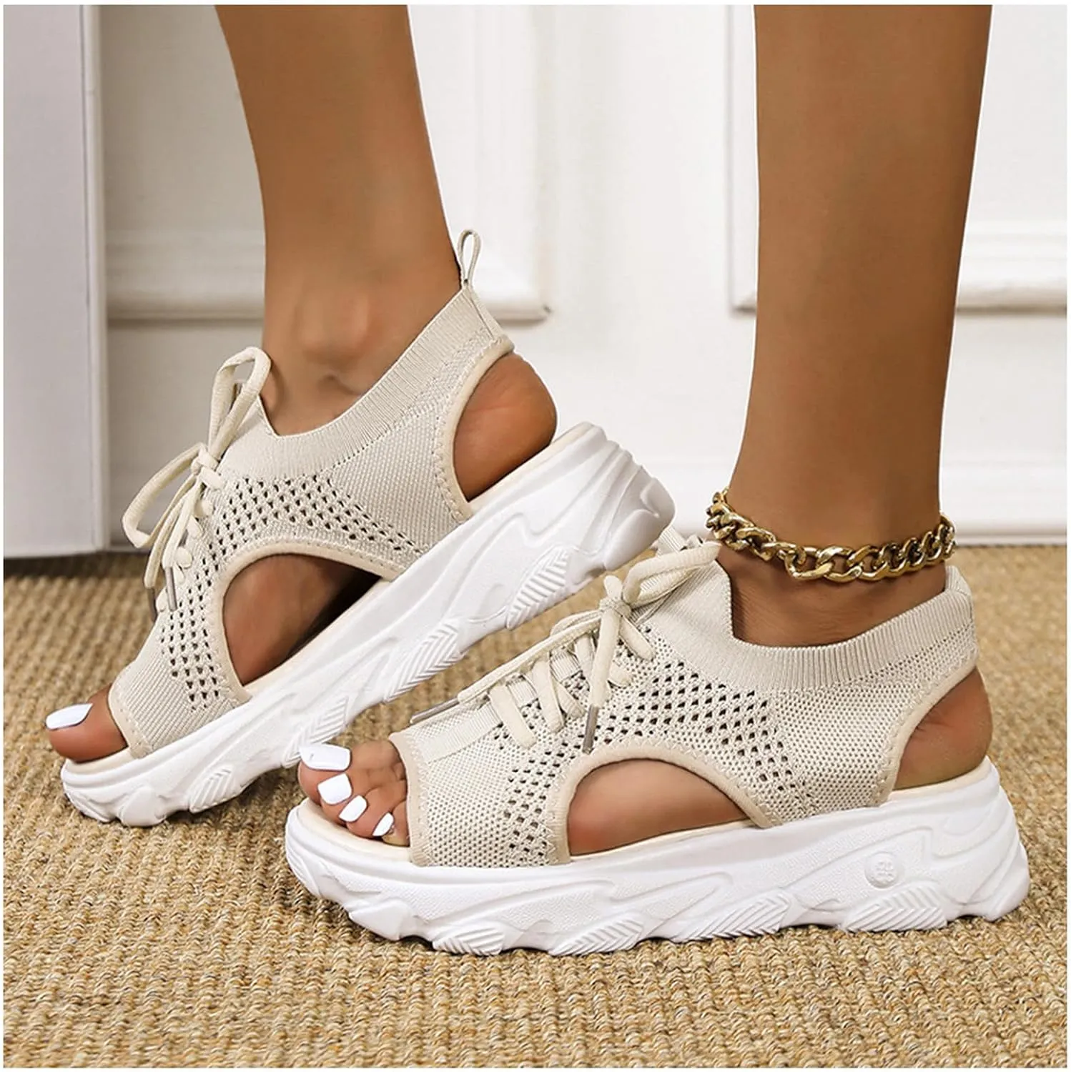 Women's Lace Up Muffin Sandals, Orthopedic Sandals for Women, 2024 Summer Mesh Open Toe Platform Wedge Sandals Causal Walking Sandals