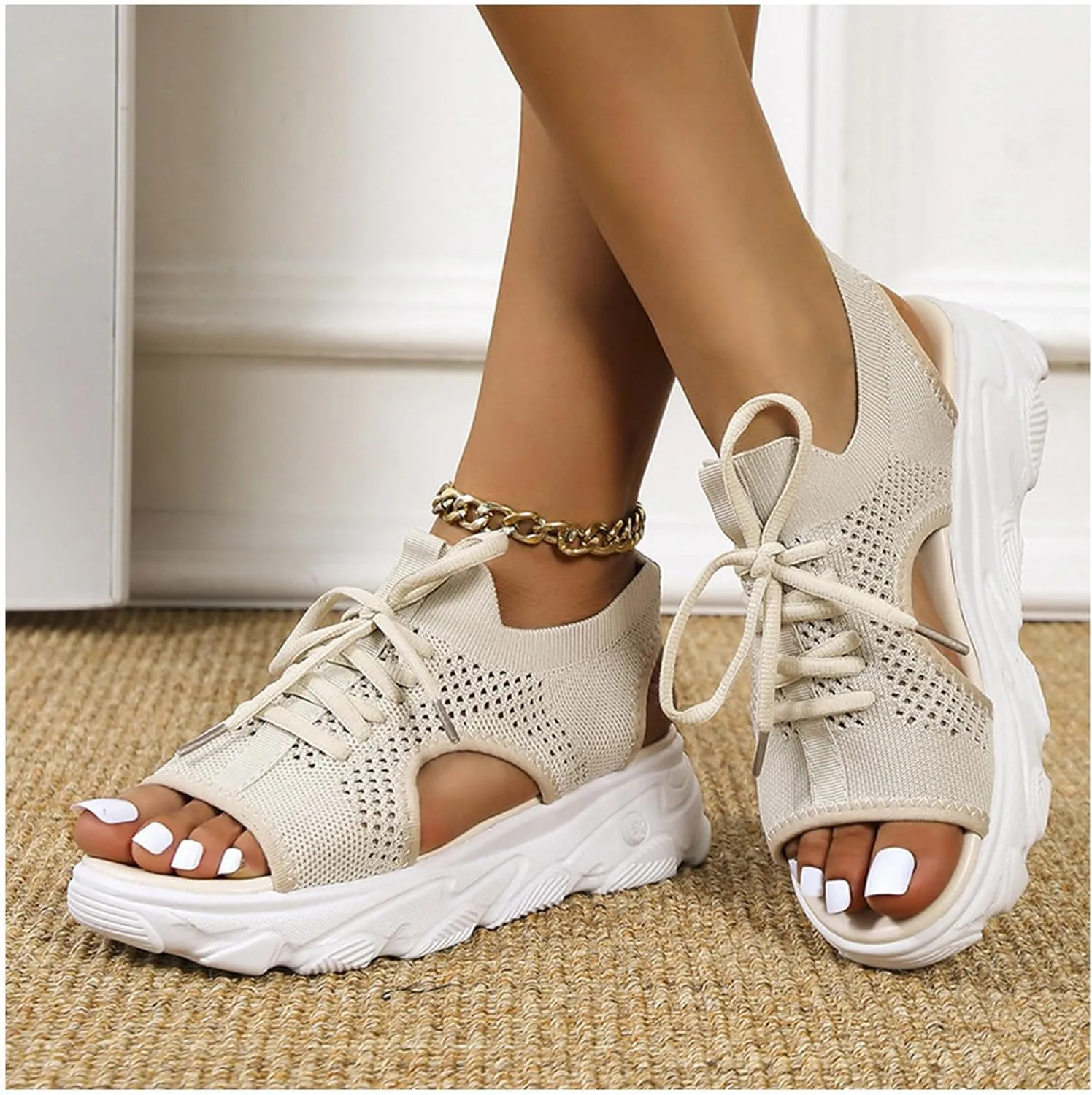 Women's Lace Up Muffin Sandals, Orthopedic Sandals for Women, 2024 Summer Mesh Open Toe Platform Wedge Sandals Causal Walking Sandals