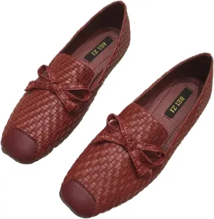 Women's Leather Weave Bow Square Toe Flat Shoes Comfortable Slip On Closed Toe Flat Heel Ballet Casual Dressy Summer Everyday Walking Loafers