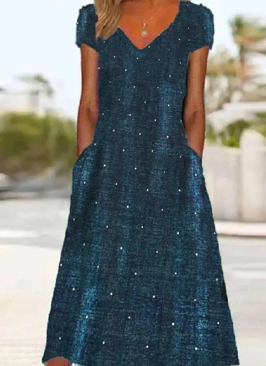 Women's Navy Blue Polka Dot V Neck Midi Dress 2025 Spring Casual Loose Fit Cotton Day Dress for Everyday Wear