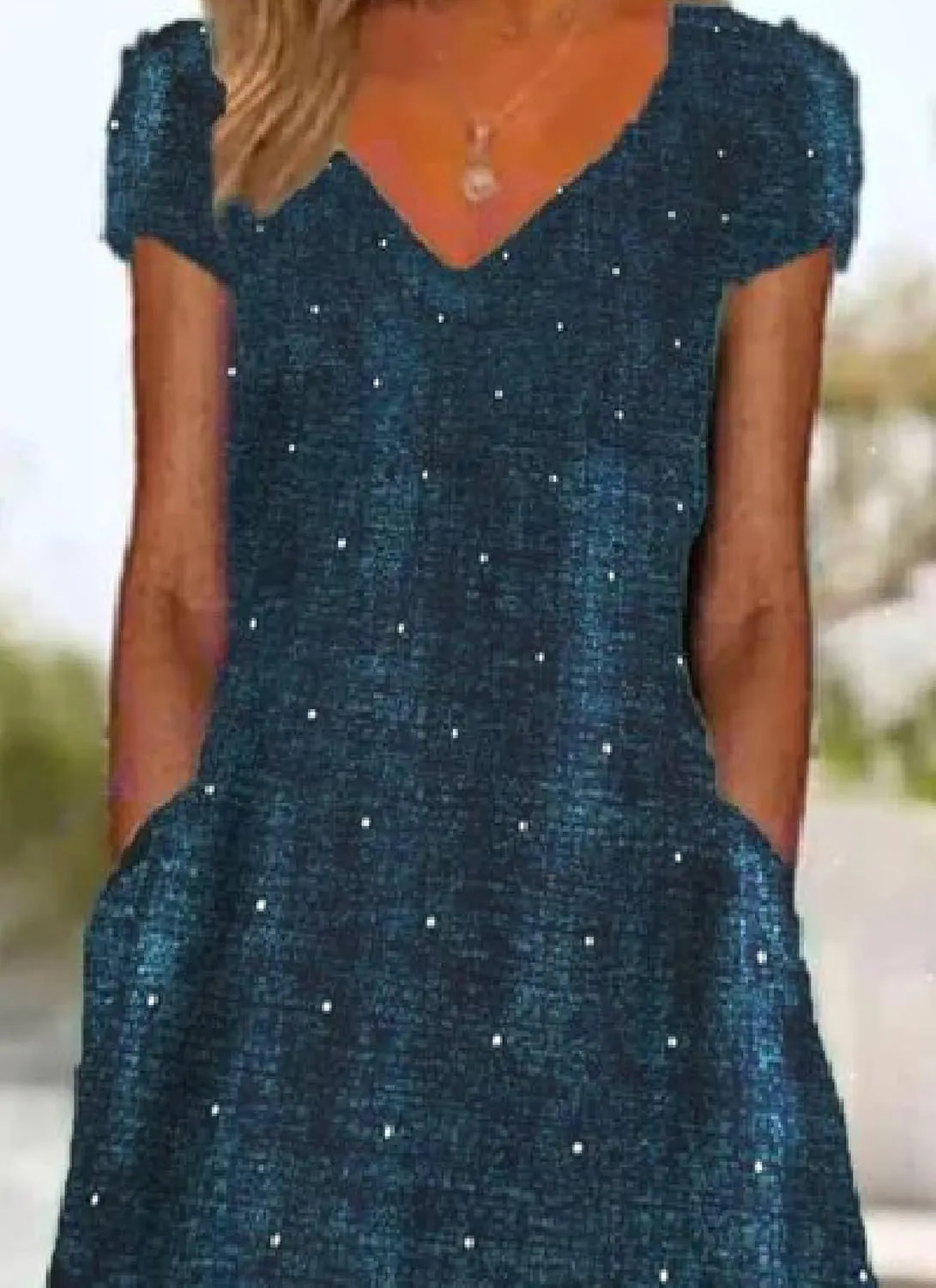 Women's Navy Blue Polka Dot V Neck Midi Dress 2025 Spring Casual Loose Fit Cotton Day Dress for Everyday Wear