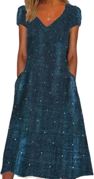 Women's Navy Blue Polka Dot V Neck Midi Dress 2025 Spring Casual Loose Fit Cotton Day Dress for Everyday Wear
