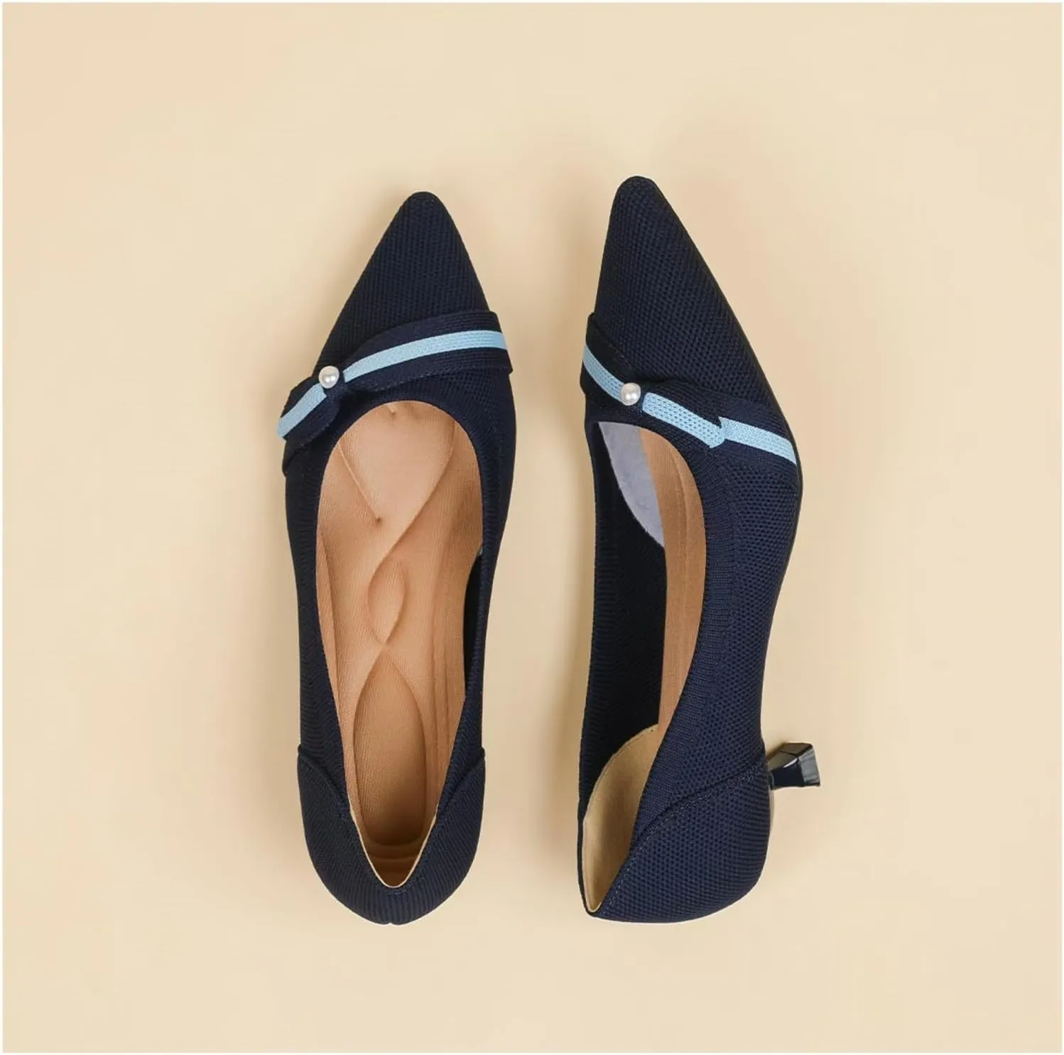 Womens Pearl Breathable Mesh Knitted Kitten Heels Pumps Pointed Toe Slip On Comfortable Casual Formal Dress Shoes