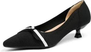 Womens Pearl Breathable Mesh Knitted Kitten Heels Pumps Pointed Toe Slip On Comfortable Casual Formal Dress Shoes