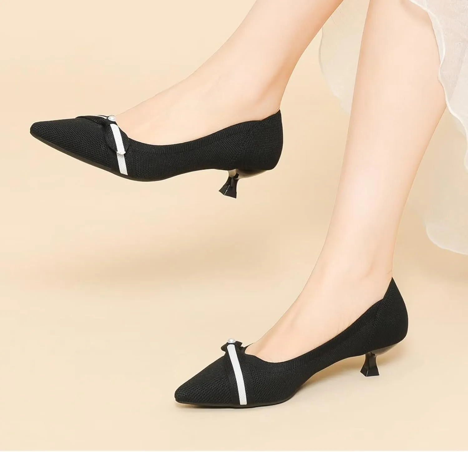 Womens Pearl Breathable Mesh Knitted Kitten Heels Pumps Pointed Toe Slip On Comfortable Casual Formal Dress Shoes