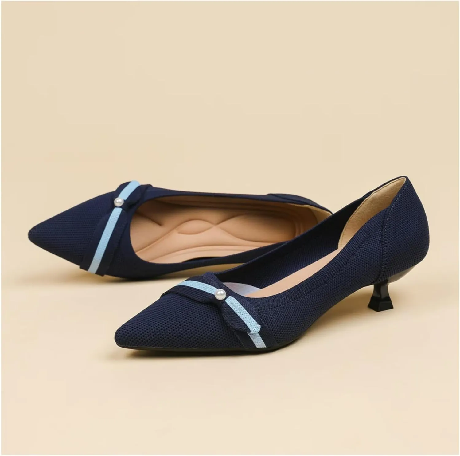 Womens Pearl Breathable Mesh Knitted Kitten Heels Pumps Pointed Toe Slip On Comfortable Casual Formal Dress Shoes