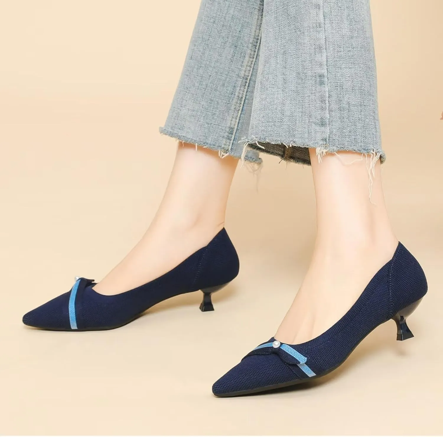 Womens Pearl Breathable Mesh Knitted Kitten Heels Pumps Pointed Toe Slip On Comfortable Casual Formal Dress Shoes