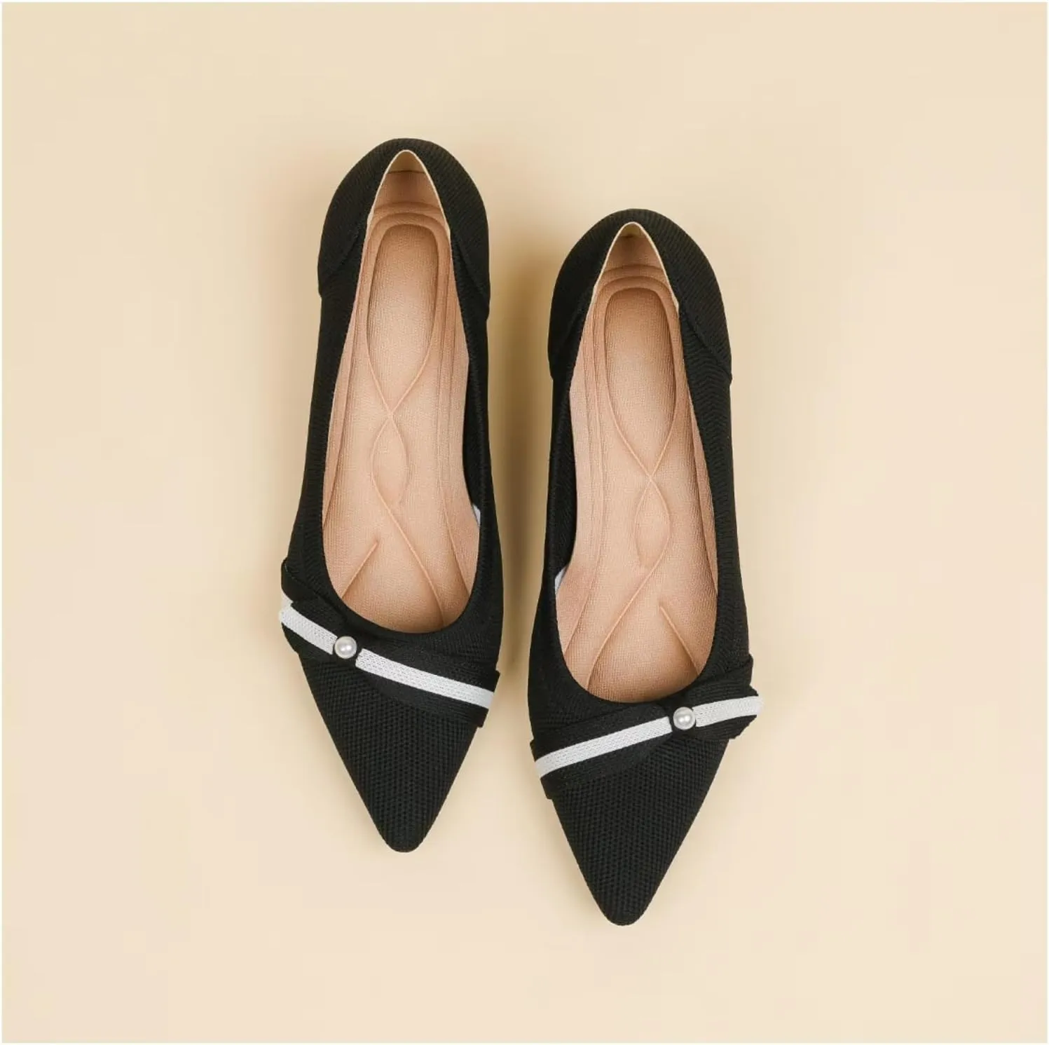 Womens Pearl Breathable Mesh Knitted Kitten Heels Pumps Pointed Toe Slip On Comfortable Casual Formal Dress Shoes