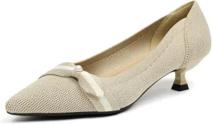 Womens Pearl Breathable Mesh Knitted Kitten Heels Pumps Pointed Toe Slip On Comfortable Casual Formal Dress Shoes