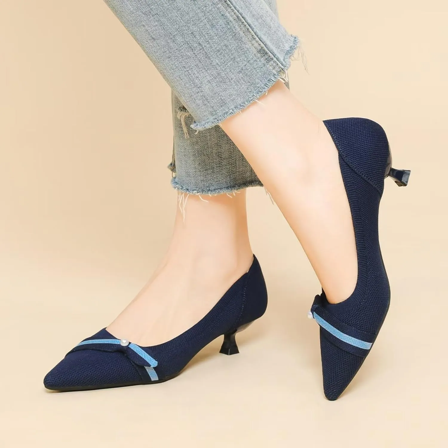 Womens Pearl Breathable Mesh Knitted Kitten Heels Pumps Pointed Toe Slip On Comfortable Casual Formal Dress Shoes
