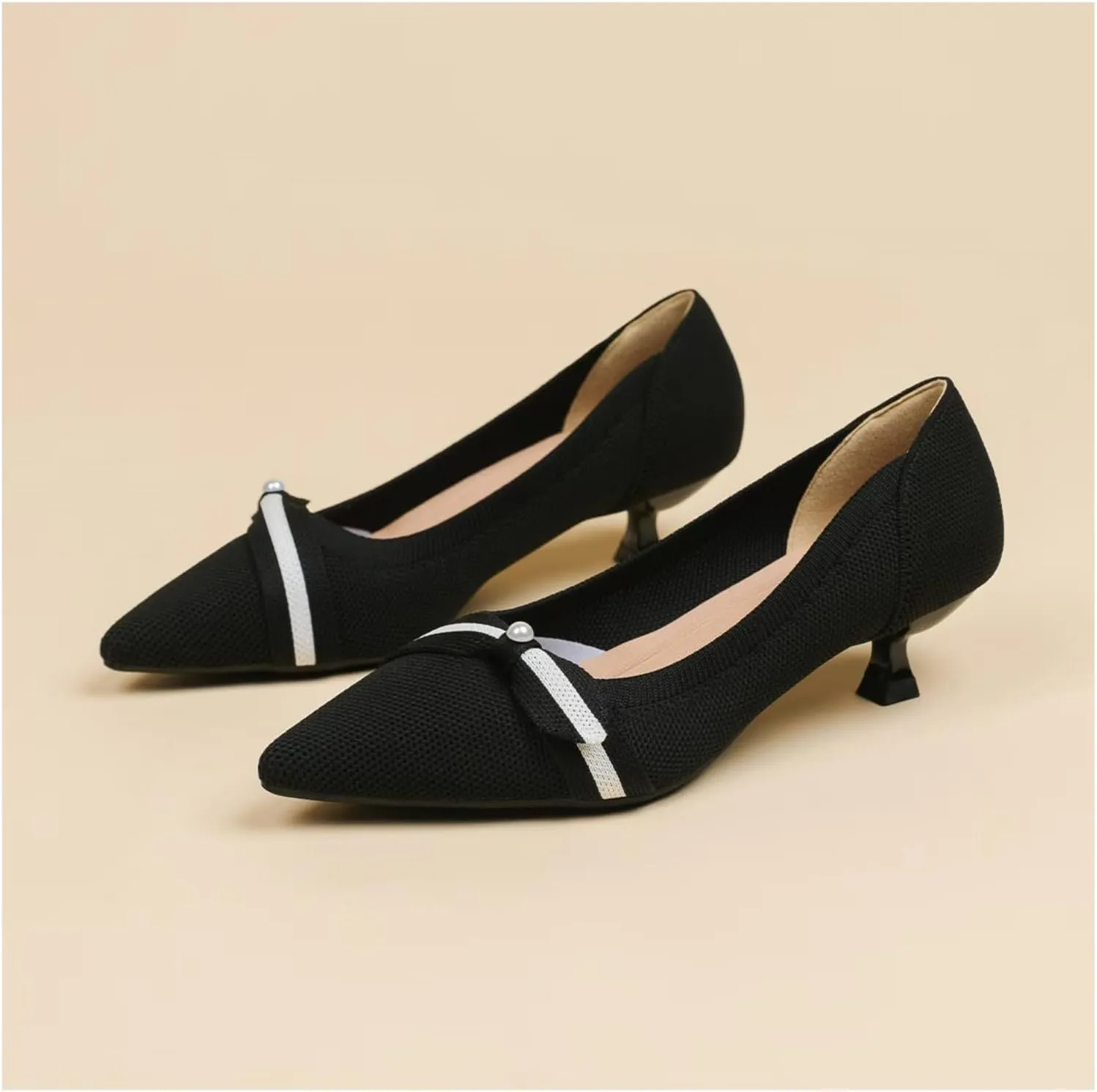 Womens Pearl Breathable Mesh Knitted Kitten Heels Pumps Pointed Toe Slip On Comfortable Casual Formal Dress Shoes