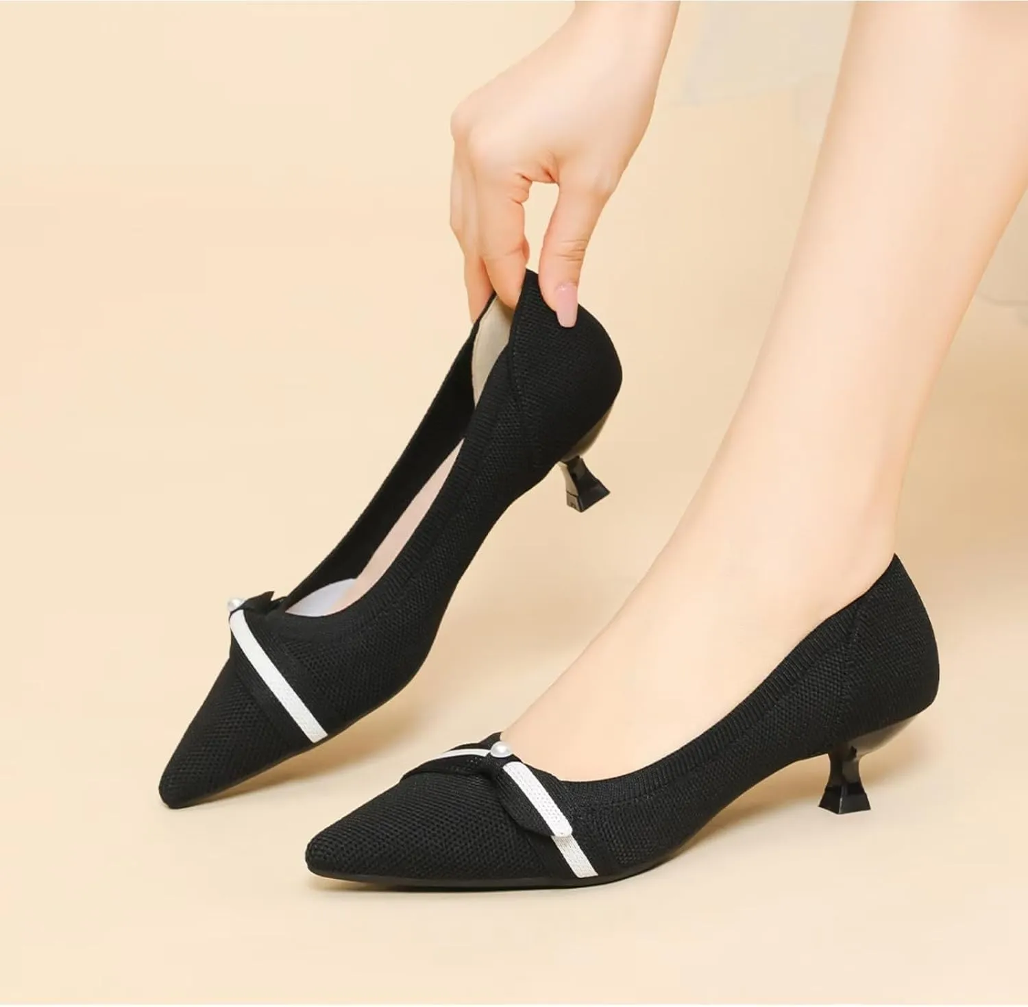 Womens Pearl Breathable Mesh Knitted Kitten Heels Pumps Pointed Toe Slip On Comfortable Casual Formal Dress Shoes