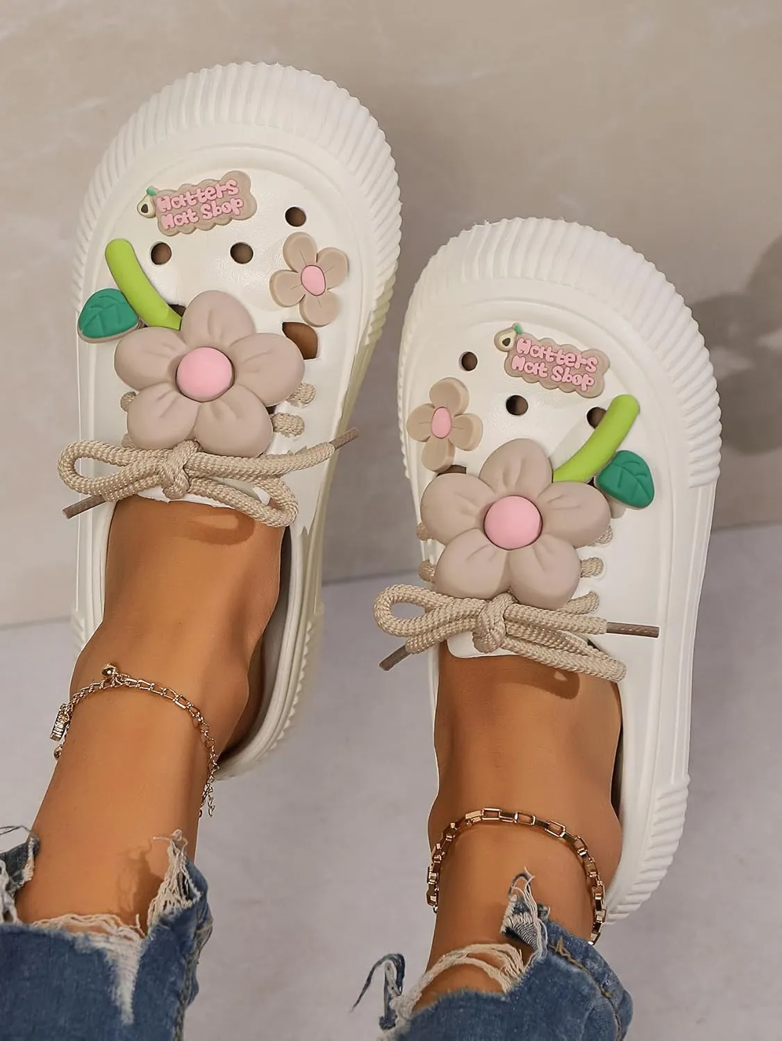 Women's Platform Slide Sandals with Bow and Flower Charms, Cavernous Upper