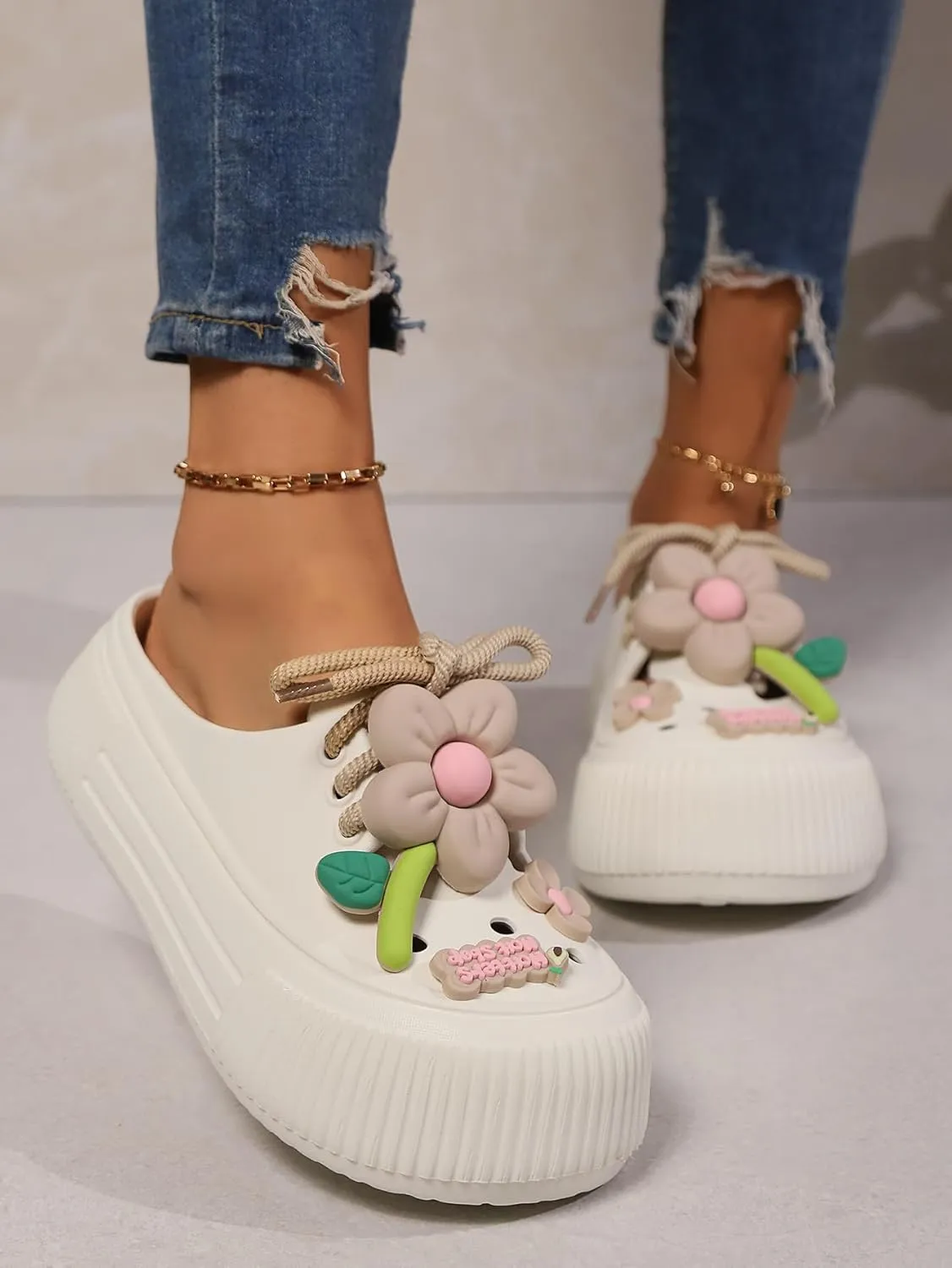Women's Platform Slide Sandals with Bow and Flower Charms, Cavernous Upper