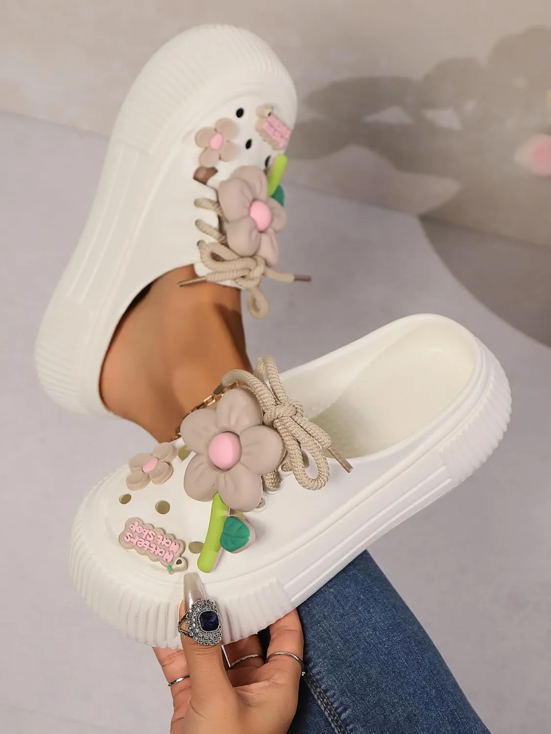 Women's Platform Slide Sandals with Bow and Flower Charms, Cavernous Upper