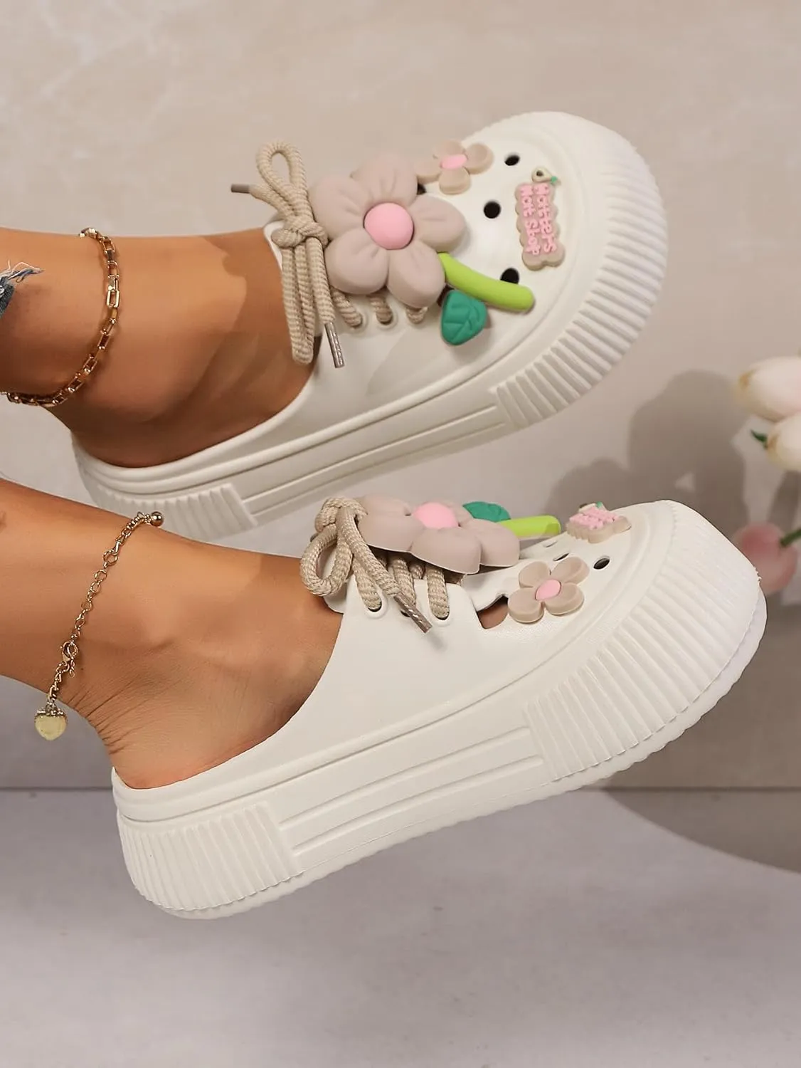 Women's Platform Slide Sandals with Bow and Flower Charms, Cavernous Upper