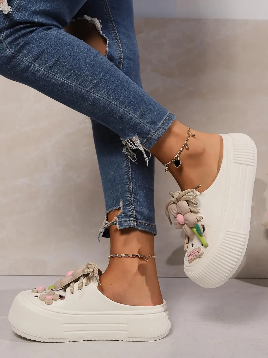 Women's Platform Slide Sandals with Bow and Flower Charms, Cavernous Upper