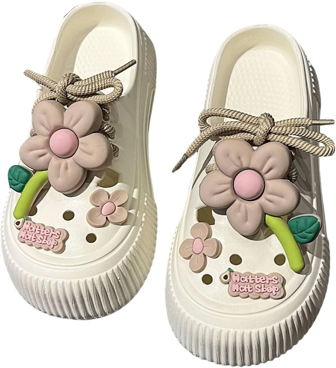 Women's Platform Slide Sandals with Bow and Flower Charms, Cavernous Upper