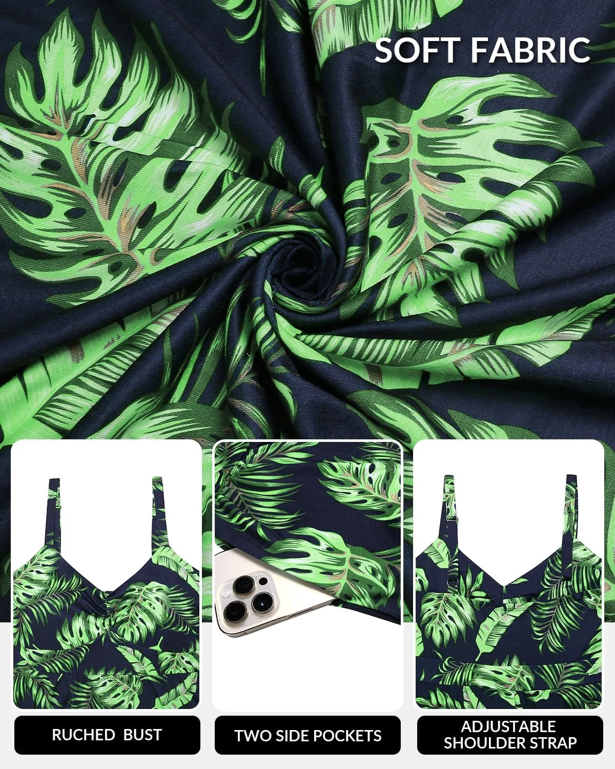 Women's Plus Size Summer Maxi Sun Dress Spaghetti Strap Ruched Bust Long Casual Sundress with Pockets