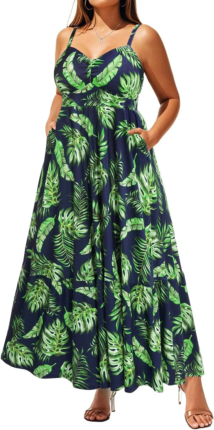 Women's Plus Size Summer Maxi Sun Dress Spaghetti Strap Ruched Bust Long Casual Sundress with Pockets