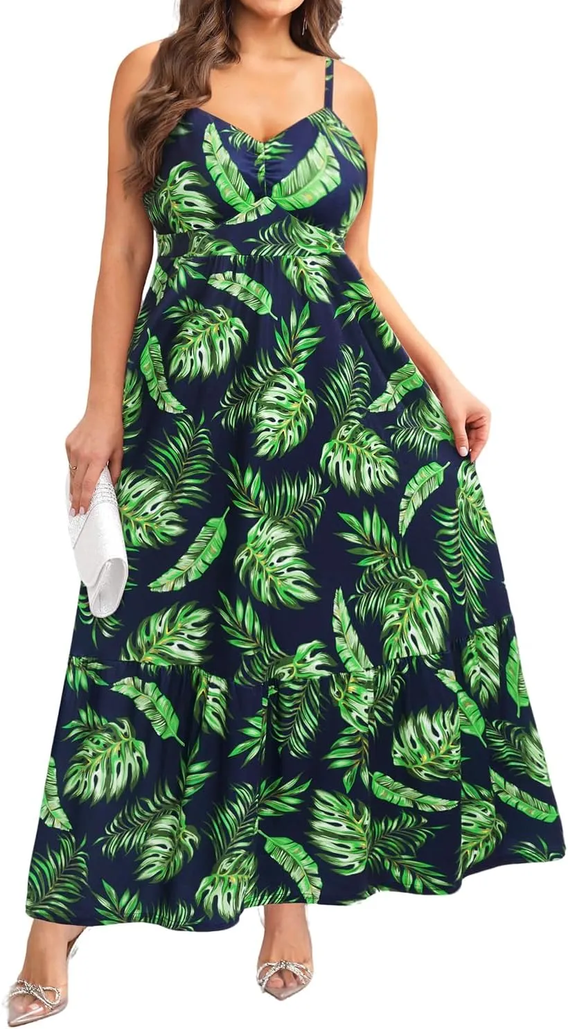 Women's Plus Size Summer Maxi Sun Dress Spaghetti Strap Ruched Bust Long Casual Sundress with Pockets