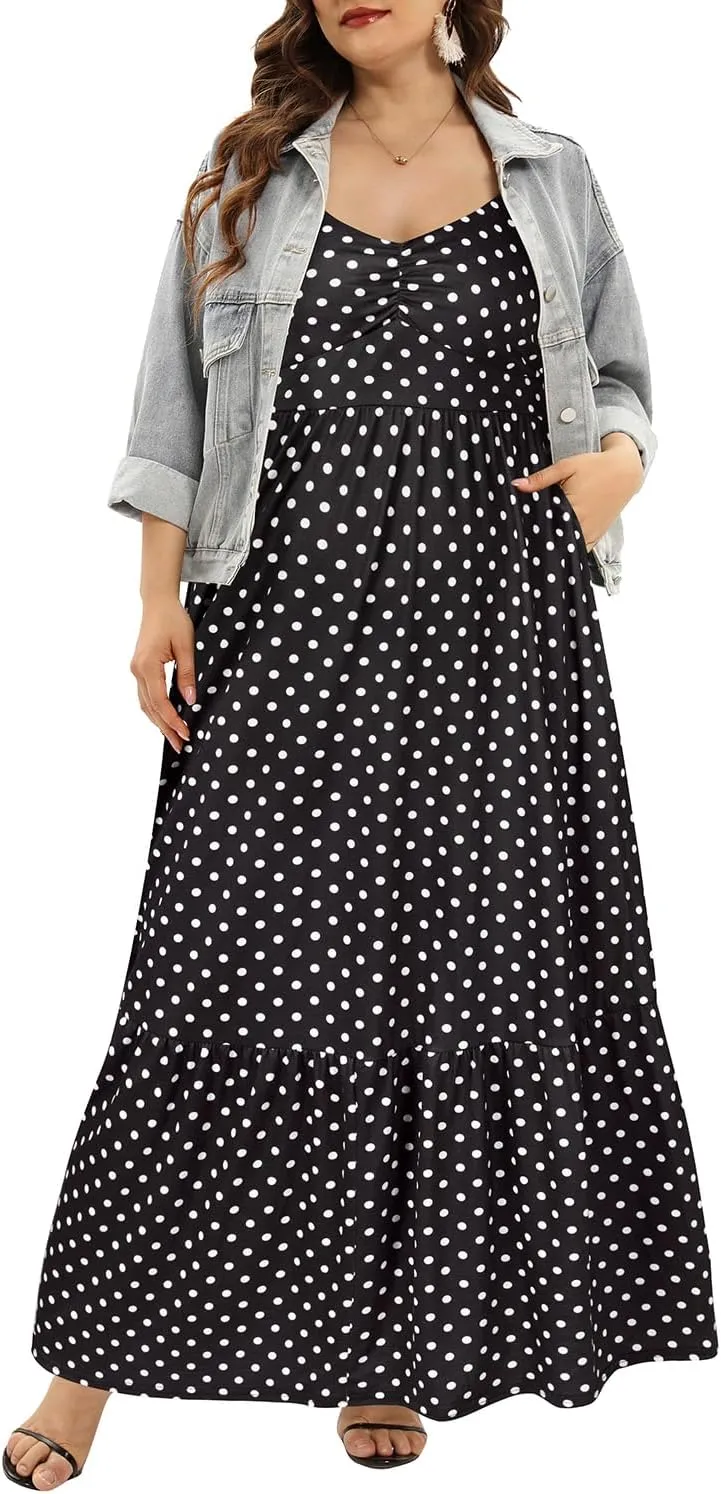 Women's Plus Size Summer Maxi Sun Dress Spaghetti Strap Ruched Bust Long Casual Sundress with Pockets
