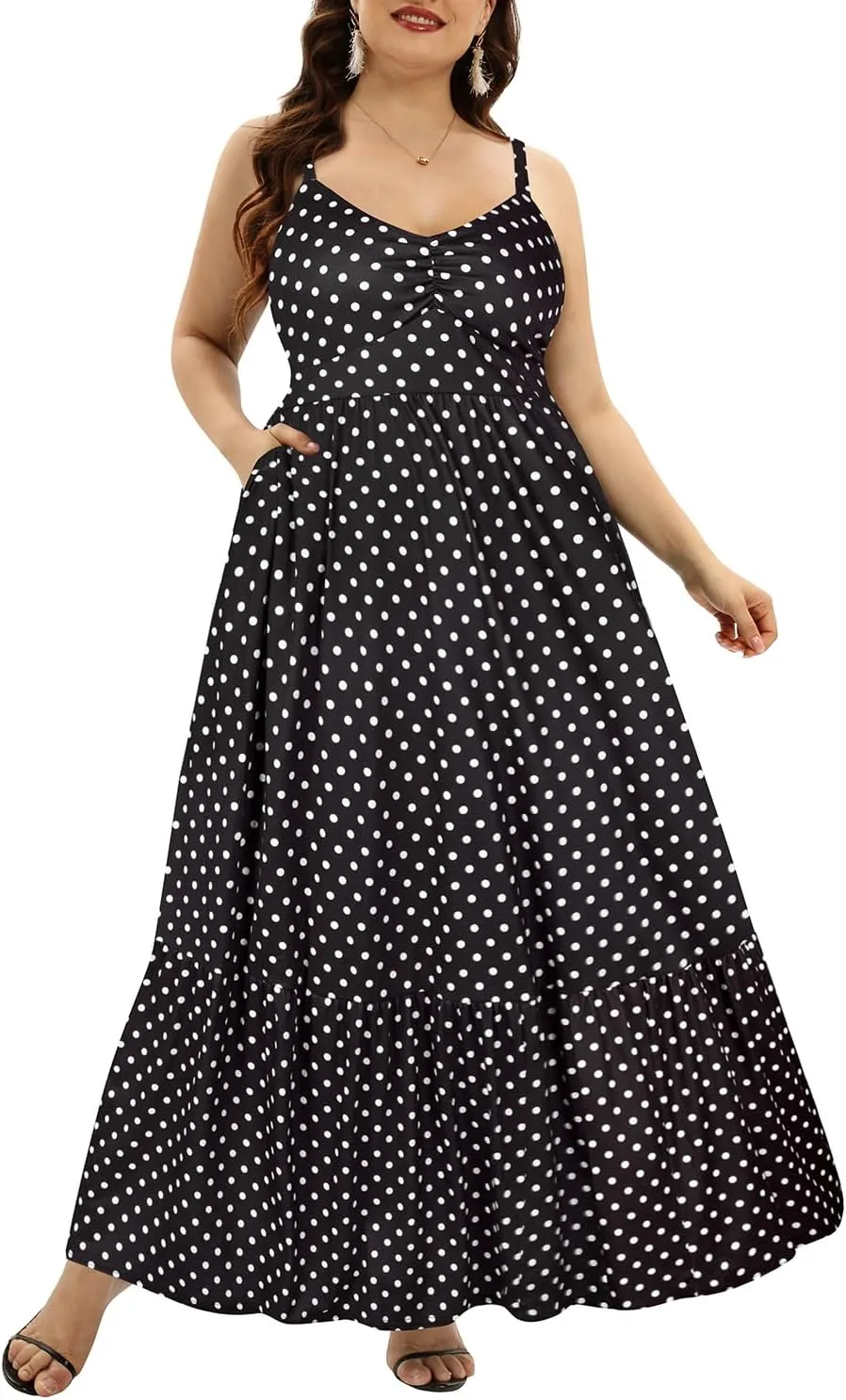 Women's Plus Size Summer Maxi Sun Dress Spaghetti Strap Ruched Bust Long Casual Sundress with Pockets