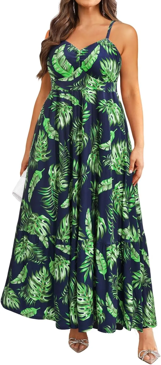 Women's Plus Size Summer Maxi Sun Dress Spaghetti Strap Ruched Bust Long Casual Sundress with Pockets