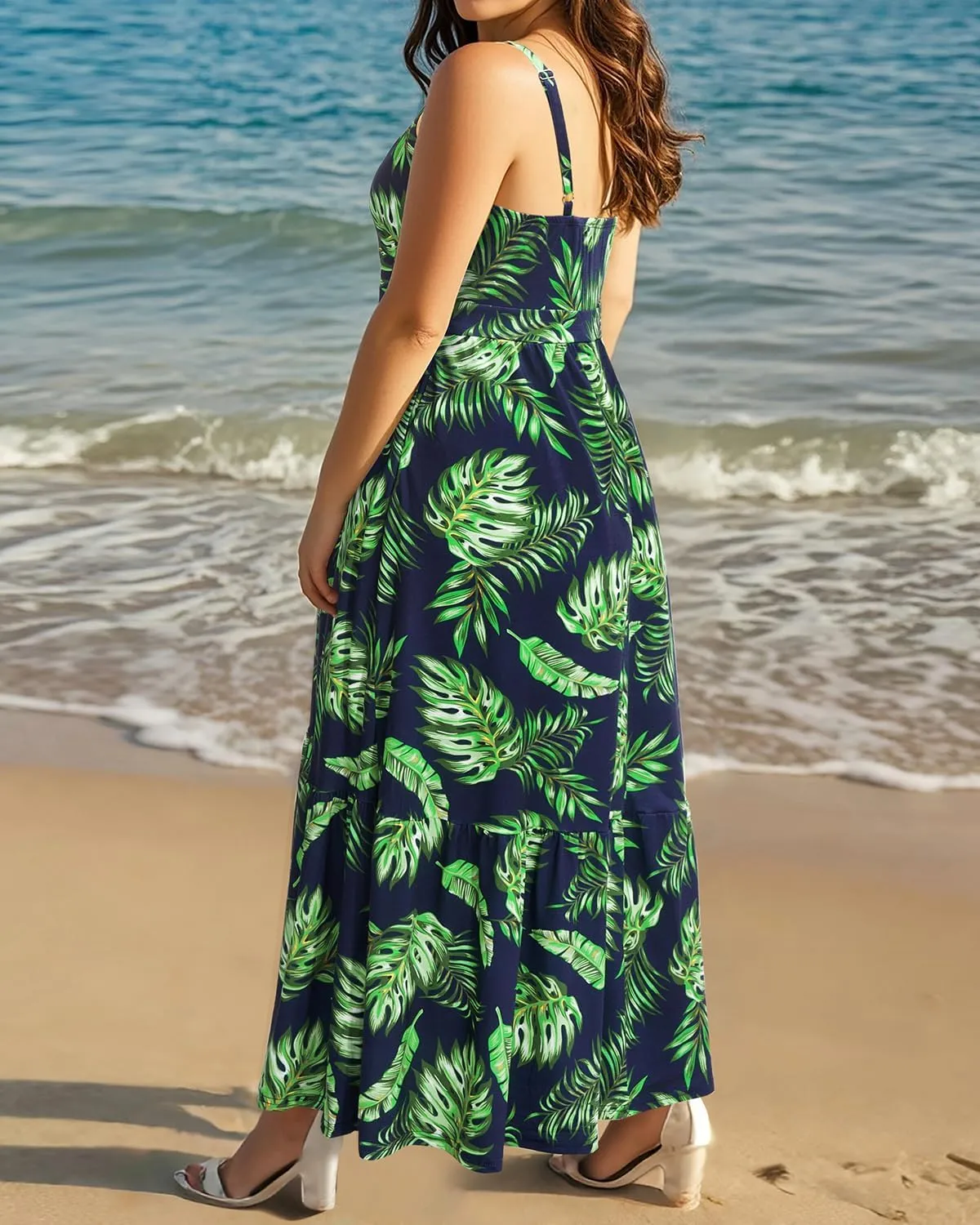 Women's Plus Size Summer Maxi Sun Dress Spaghetti Strap Ruched Bust Long Casual Sundress with Pockets