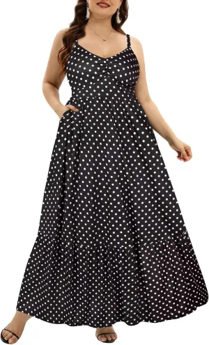 Women's Plus Size Summer Maxi Sun Dress Spaghetti Strap Ruched Bust Long Casual Sundress with Pockets